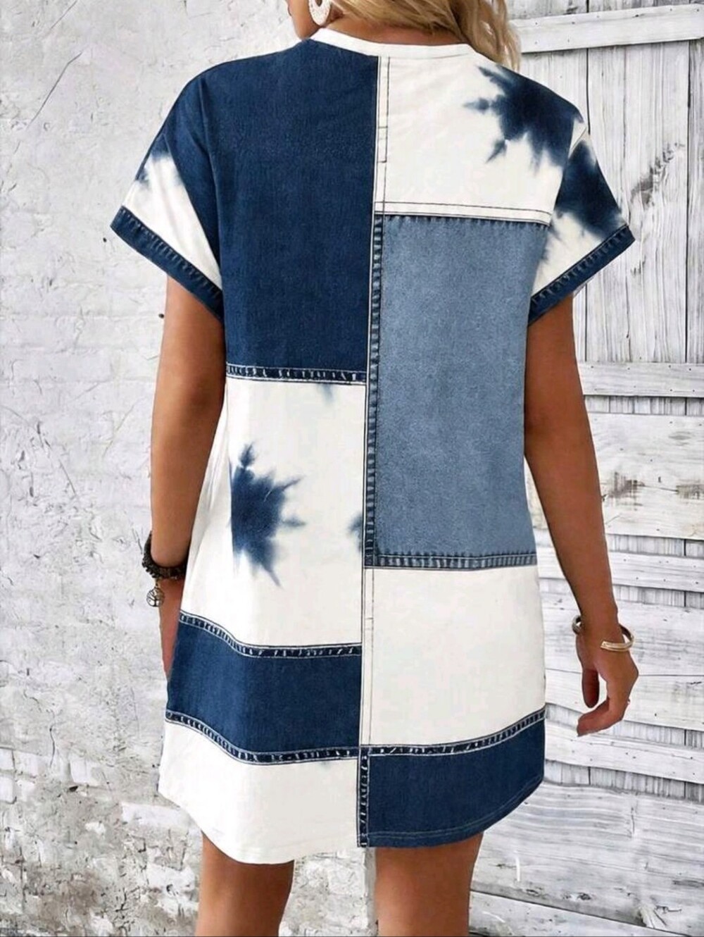 Patchwork Tie-Dye Panel Tshirt Dress in Navy & Cream - Picture 2 of 10